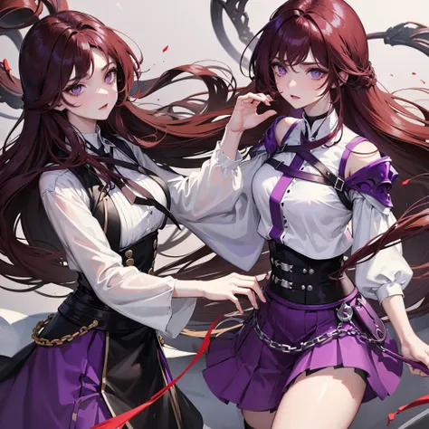 1girl, beautiful detailed eyes, purple eyes ,  Long dark red hair, Fair white skin, purple skirt, black , Expressionless face,  Black team top