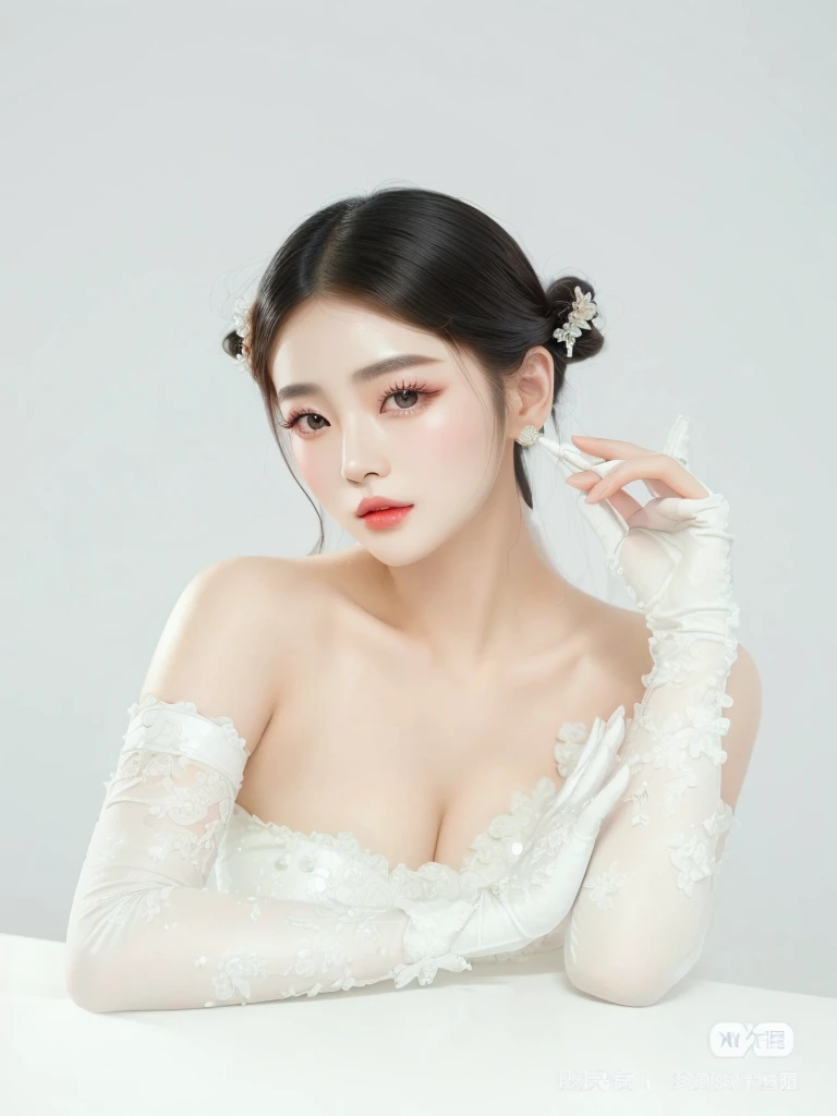 a closeup of a woman in a white dress and gloves, beautiful chinese model, Sha Xi, chen xintong, dilraba dilmurat, Wenfei Ye, li zixin, Xision Wu, Xianxia, chen powder, ruan jia beautiful!, xuehan, Inspired by Tang Yifen, shen mingchen, Lu Ji