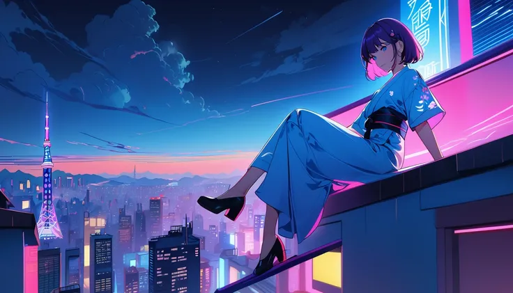 masterpiece,Highest quality,1 Synthwaveガール,Blue outline,Neon cityscape,Blue fluorescent paint,alone,From below,Cowboy Shot,Sitting on the roof of a building,Extremely detailed CG,Flat Color,Limited edition palette,Line art,silhouette,Partially colored,Alte...