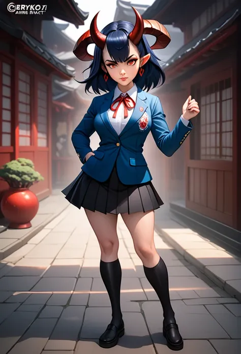 anime girl with horns, demon anime girl, demon girl, mika kurai demon, oni horns, artgerm and atey ghailan, anime style 4 k, japanese demon girl, ayaka genshin impact, tiefling, ryuko matoi, giesha demon, demon slayer rui fanart, japan, school outfit, spat...