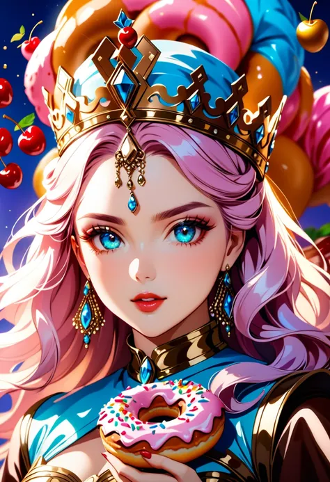 an oil painting portrait of a queen eating a (an epic donut: 1.3), an exotic exquisite beautiful queen, dynamic hair color, wavy hair, dynamic eyes color,  intense eyes, wearing glamour silk dress, intricate detailed dress, dynamic color dress, dynamic sty...