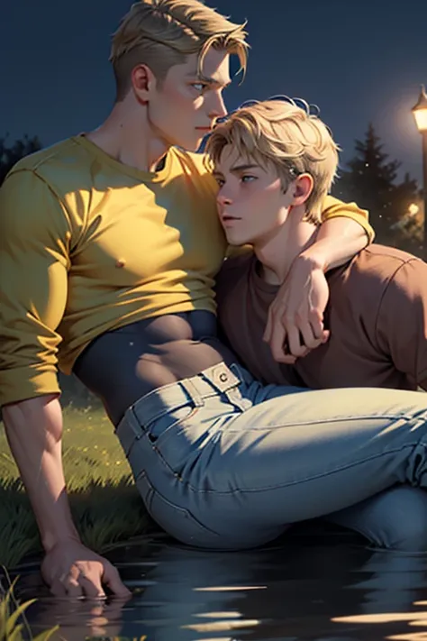 Two men, photo realistic.  A 16-year-old, handsome, lean man with short-cut, blond hair and blue eyes, wearing a brown sweatshirt, and khaki pants, sitting in the lap of a 17-year-old, handsome, athletic, Caucasian man with short, shaved brown hair, and bl...