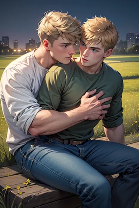 two men, photo realistic.  a 16-year-old, handsome, lean man with short-cut, blond hair and blue eyes, wearing a brown sweatshir...