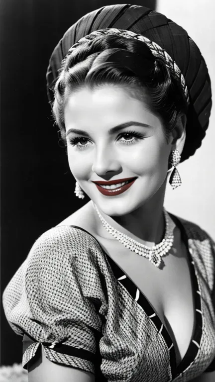 Joan Fontaine dressed in traditional Samoan clothing with lipstick and smiling