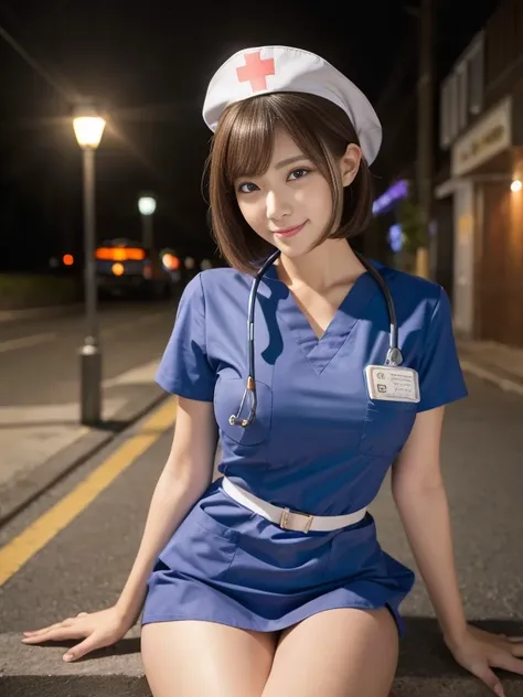 ((Nurse Cosplay Costumes)),((smile)),(sitting on a chair),((Highest quality)), Realistic, Very detailed, In detail, ((High resolution)), 8k,Japanese women,Beautiful woman,gravure,sexy,Beautiful Skin,Beautiful Eyes,Detailed face,(Glamour),((short hair)),(ha...