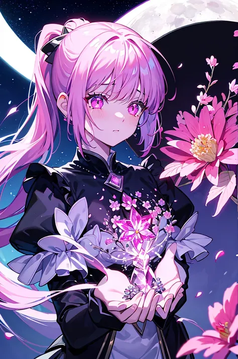 Super detailed、Virtual Woman, Lots of flowers, Pink ponytail hair,Shiny Hair , Glowing Eyes:0.5,Crying face、Anxious eyes、Flowers , Diamond Crystal, Fantasy, Slim, moon,  High resolution, 8k, UHigh resolution, Super Detail, high quality