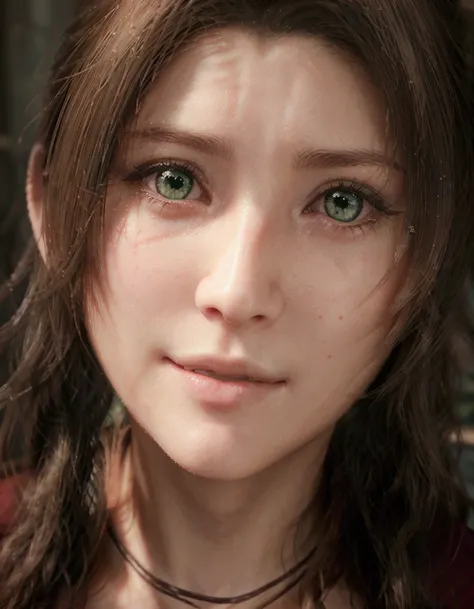 Close up portrait of woman with long hair and green eyes, beautiful Aerith Gainsborough, Aerith Gainsborough, A charming portrait of Aerith, Face of Final Fantasy, Photorealistic anime girl rendering, ultrarealistic uhd faces, Ultra realistic anime, 3D Ani...