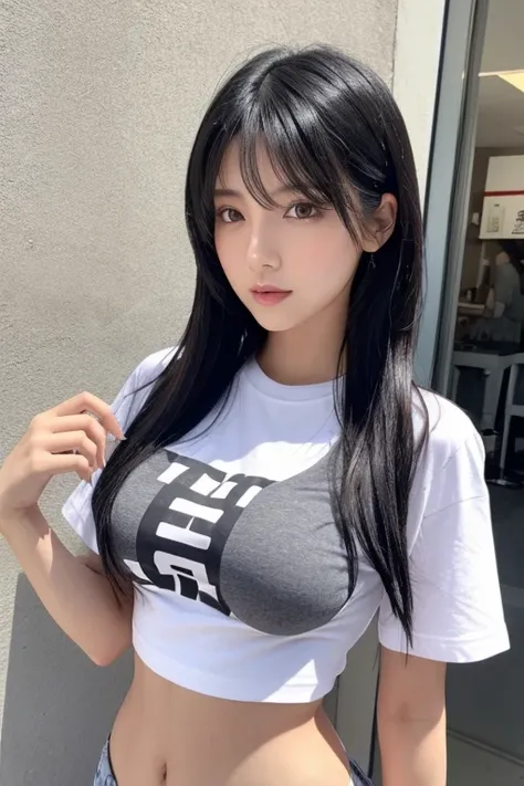 The beautiful woman with black hair, big breasts and a slim waist is wearing a T-shirt、I&#39;m not wearing anything underneath