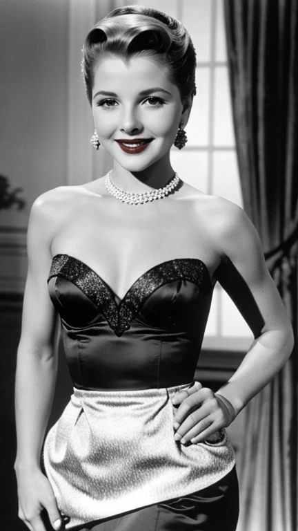 Joan Fontaine dressed in sexy clothes with lipstick and smiling