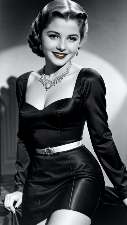 Joan Fontaine dressed in sexy clothes with lipstick and smiling