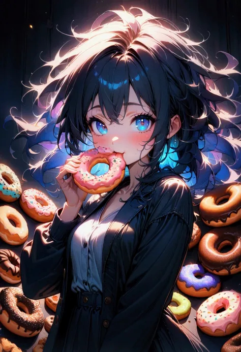 1girl, Eating Donuts, a girl eating delicious donuts, detailed face, beautiful blue eyes, cute expression, long eyelashes, messy hair, detailed skin texture, colorful sprinkled donuts, detailed pastry, warm lighting, 8k, highly detailed, masterpiece, best ...