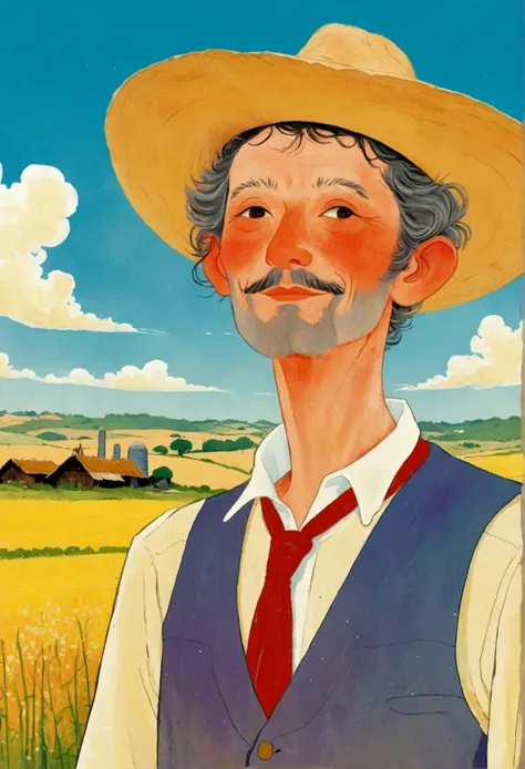 Cartoon of a man wearing standing in a field, Character with hat, author：Yi Yinwen, tall Farmers, Farmers, jean giraud portrait, Inspired by Jean Giraud, jean giraud 8 k, author André Castro, author：Clovis Truyer, The style of Jean Giraud Moebius, Full col...