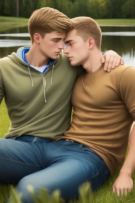 Two men, photo realistic.  A 16-year-old, handsome, lean man with short-cut, blond hair and blue eyes, wearing a brown sweatshirt, and khaki pants, sitting in the lap of a 17-year-old, handsome, athletic, Caucasian man with short, shaved brown hair, and bl...