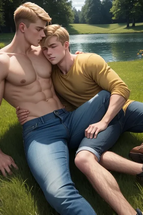 Two men, photo realistic.  A 16-year-old, handsome, lean man with short-cut, blond hair and blue eyes, wearing a brown sweatshirt, and khaki pants, sitting in the lap of a 17-year-old, handsome, athletic, Caucasian man with short, shaved brown hair, and bl...