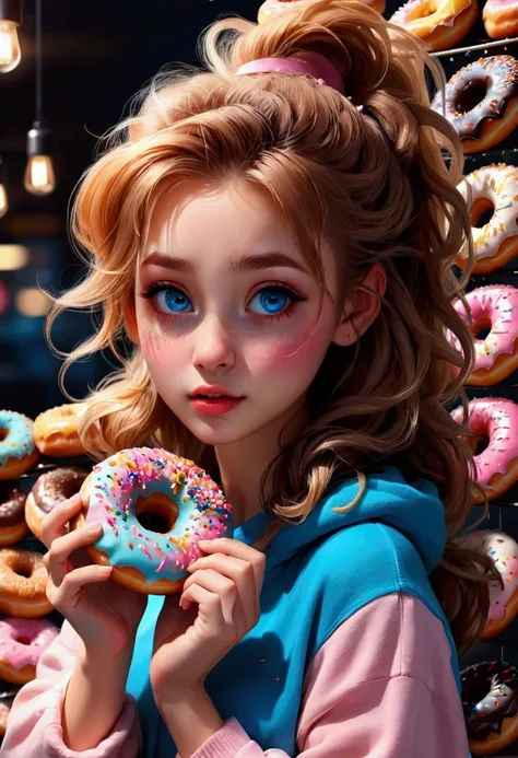 1girl, Eating Donuts, a girl eating delicious donuts, detailed face, beautiful blue eyes, cute expression, long eyelashes, messy hair, detailed skin texture, colorful sprinkled donuts, detailed pastry, warm lighting, 8k, highly detailed, masterpiece, best ...