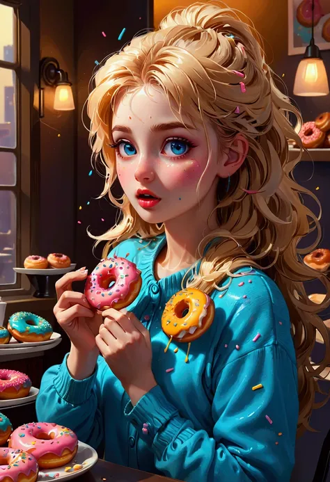 1girl, Eating Donuts, a girl eating delicious donuts, detailed face, beautiful blue eyes, cute expression, long eyelashes, messy hair, detailed skin texture, colorful sprinkled donuts, detailed pastry, warm lighting, 8k, highly detailed, masterpiece, best ...