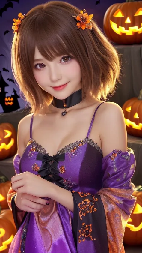 ((from below,upper body),a 20 years old girl, detailed cutie face, beautiful detailed eyes, detailed dropped eyes, beautiful charming smile, extremely detailed face,slender,short hair,anime style, halloween costume:2.0), Hires.fix,colorful lights, pumpkin ...