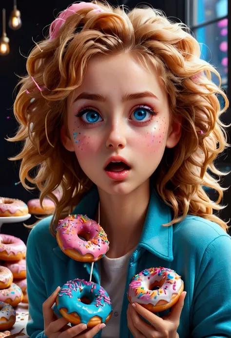 1girl, Eating Donuts, a girl eating delicious donuts, detailed face, beautiful blue eyes, cute expression, long eyelashes, messy hair, detailed skin texture, colorful sprinkled donuts, detailed pastry, warm lighting, 8k, highly detailed, masterpiece, best ...