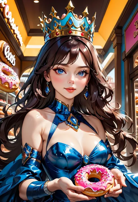 an oil painting portrait of a queen eating a (an epic donut: 1.3), an exotic exquisite beautiful queen, dynamic hair color, wavy hair, dynamic eyes color,  intense eyes, wearing glamour silk dress, intricate detailed dress, dynamic color dress, dynamic sty...