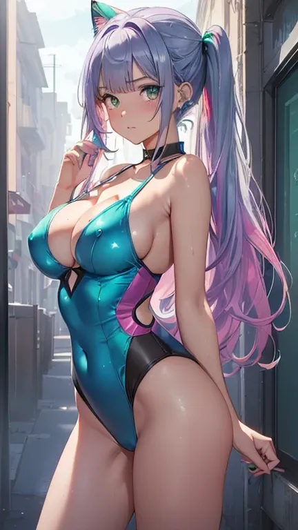 (Front view:1.5).(Browsing Caution:1.8).(shining blue and green_one piece_Sexy blue and green swimsuit:1.7).(Cat ear:1.2).(Big pink ribbon:1.2).(Curly hair in twin tails:1.5).(to you:1.5).(vapor:1.3).(Ahegao:1.2).(Upper body only configuration:1.5).(how:1....