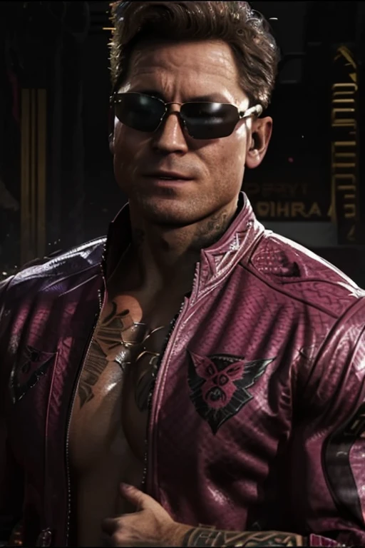 portrait of (johnny cage), cocky smirk, sunglasses, mortal kombat, character design, dynamic lighting, cool and bright colors, p...