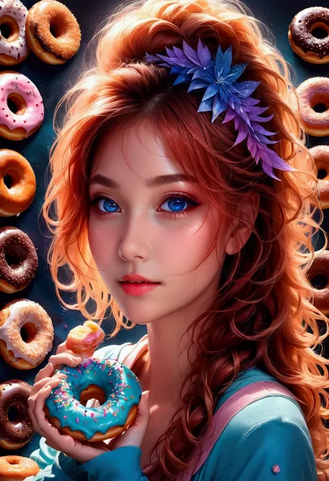 1girl, Eating Donuts, a girl eating delicious donuts, detailed face, beautiful blue eyes, cute expression, long eyelashes, messy hair, detailed skin texture, colorful sprinkled donuts, detailed pastry, warm lighting, 8k, highly detailed, masterpiece, best ...