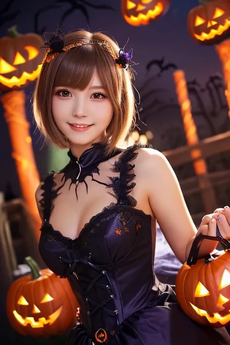 ((from below,upper body),a 20 years old girl, detailed cutie face, beautiful detailed eyes, detailed dropped eyes, beautiful charming smile, extremely detailed face,slender,short hair,anime style, halloween costume:2.0), Hires.fix,colorful lights, pumpkin ...