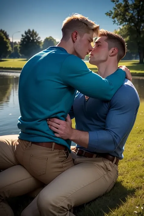 Two men, photo realistic.  A 16-year-old, handsome, lean man with short-cut, blond hair and blue eyes, wearing a brown sweatshirt, and khaki pants, sitting in the lap of a 17-year-old, handsome, athletic, Caucasian man with short, shaved brown hair, and bl...