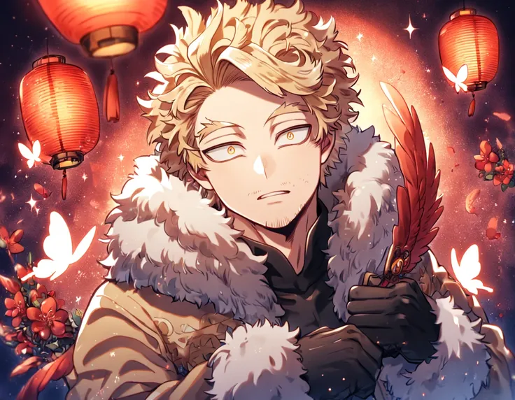 absurd resolution, high resolution, ultra detailed, detailed eyes, delicated features, extremely detailed, HDR, Hawks, ash-blonde hair, expressive golden eyes, faint stubble, red wings, Boku No Hero Academia, solo, sexy man, handsome, brown jacket with fur...