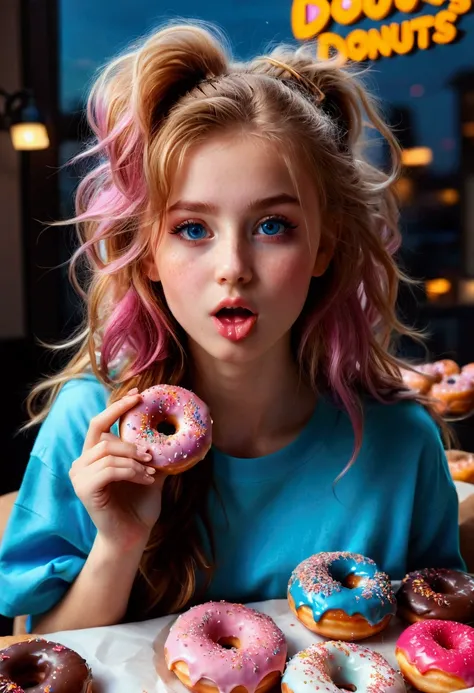 1girl, Eating Donuts, a girl eating delicious donuts, detailed face, beautiful blue eyes, cute expression, long eyelashes, messy hair, detailed skin texture, colorful sprinkled donuts, detailed pastry, warm lighting, 8k, highly detailed, masterpiece, best ...