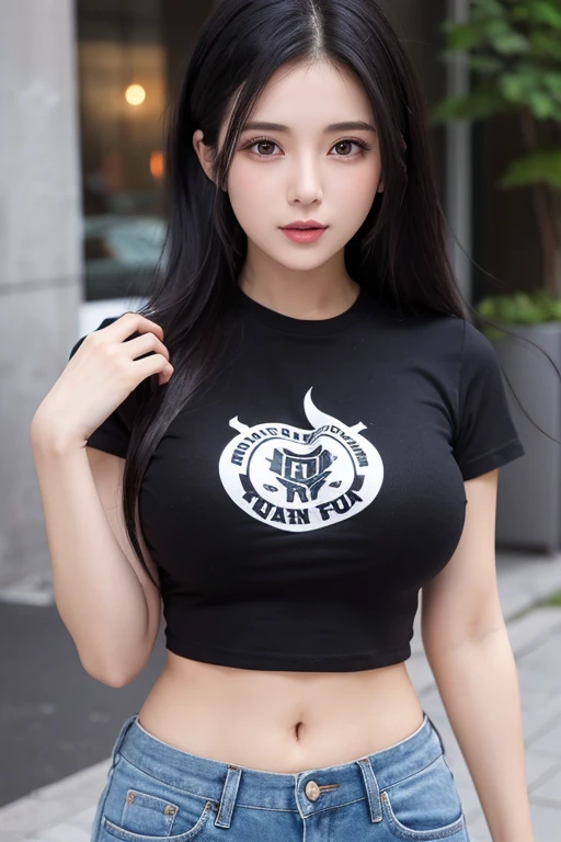 The beautiful woman with black hair, big breasts and a slim waist is wearing a T-shirt、I&#39;m not wearing anything underneath。Her  are so big they&#39;re going to tear her T-shirt