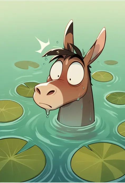 Cartoon image of a donkey with a heavy load of bags of salt on its back, which falls into a deep river. The donkey, apparently surprised and with a look of effort and despair, is partially submerged in the water. The bags of salt, now wet, begin to dissolv...