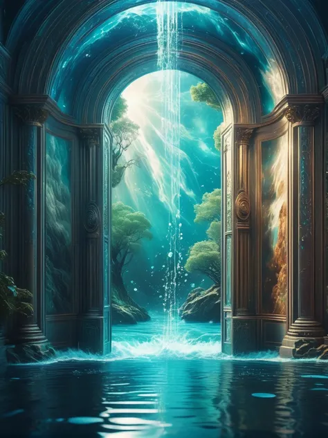 masterpiece, Intricate details, 8k, High resolution, 

Water floods the room, Beautiful and sparkling. Move gently, A portal to another dimension opens、A mysterious space, A little scary, Hopes and fears, 

dreamy fantasy art,

