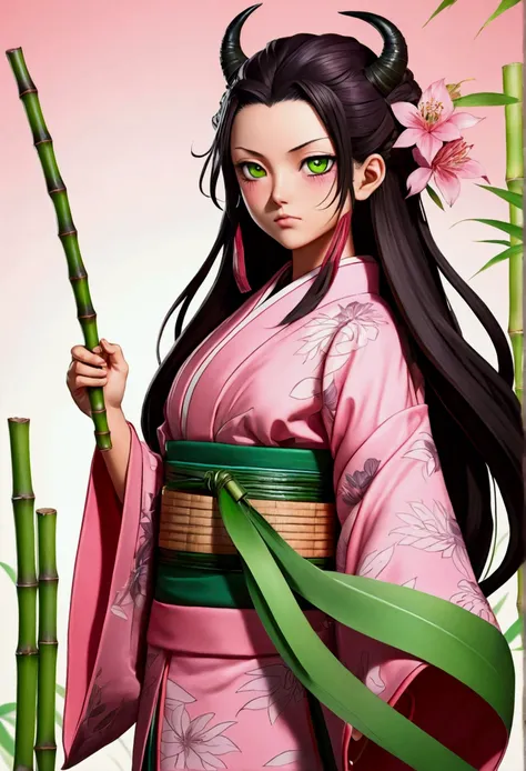 (work of art, detailed) character from a Japanese cartoon (demon slayer) nezuko kamado, wearing a pink kimono with a green bamboo in her mouth, pink eye color, with long dark hair at the tip with brown strands, Nezukodemon(full body view)
