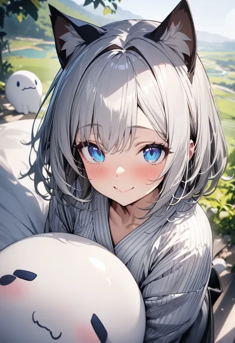 silver bob､ 1 girl, (((best quality)), ((masterpiece)), (details), masterpiece, best quality, high quality, super detailed, perfect face, ((1 girl, Blue eyes, Cat ears: 1.3 silver bob: 2.5,)),Shiny Hair、Shiny skin、smile、Alluring expression、Hug a big ghost、...