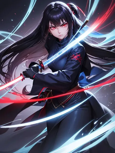 "A woman holding a long katana, with glowing red eyes showing anger. She glares at her foe, surrounded by a blue aura.High quality,in the storm