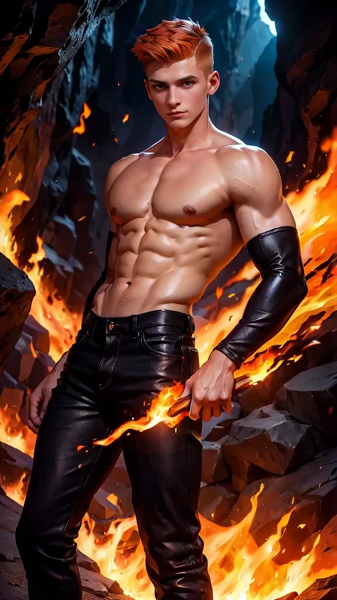 A man named Jean Florawer, he is a twink with a beautiful muscular body, gorgeous orange undercut hair, and the power to shoot fire from his hands, wearing black pants, standing in a fiery cave background