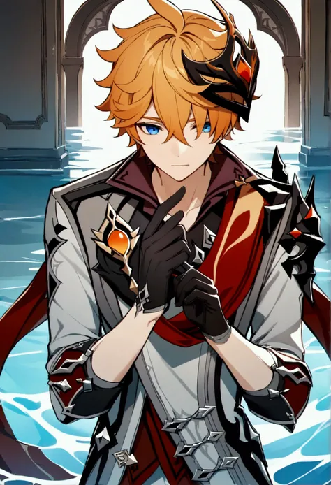 masterpiece, best quality, Tartaglia (Genshin Impact), Gloves, mask, Male focus, 1 boy, blue eyes, black Gloves, Solitary, Orange Hair, Bangs, water, Jacket, Hair between the eyes, Jewelry, scarf,