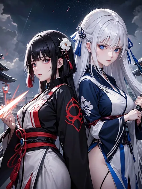 White Haired Woman、Red aura　Black Haired Woman、Blue aura　Both of them have Japanese swords　Glaring at each other in the storm　The afterglow in their eyes　high quality