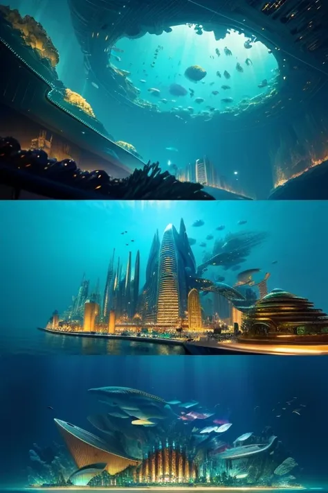 a highly detailed underwater city, a futuristic underwater metropolis, a technologically advanced underwater civilization, a sprawling underwater urban landscape, an intricate network of futuristic underwater skyscrapers and buildings, a submerged city wit...