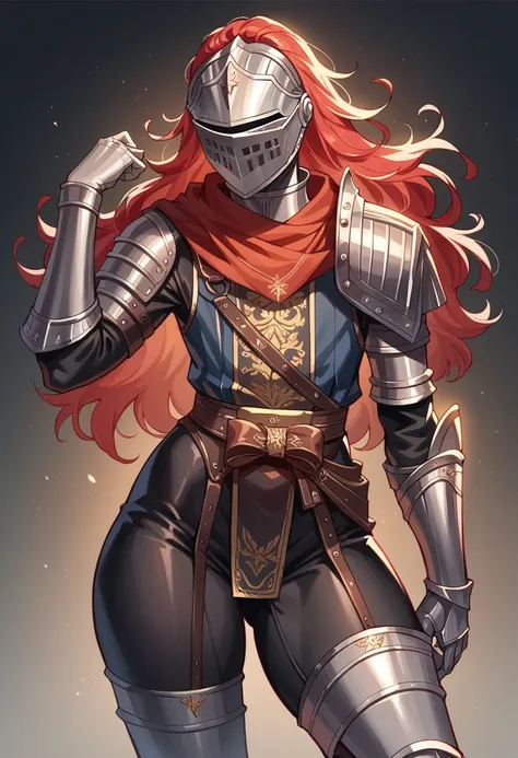 an elegent female knight, plate armour, black bodysuit, flowing red hair, helmet, sharp helmet, silver armour, thick thighs, fla...