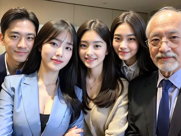 (A young and beautiful Korean female president dressed as a politician is seen with her elderly gray-haired grandfather and bearded father.,A photo of two cute elementary school sisters taking a family photo:1.3)(Grinning expression:1.2)(20-year-old:1.3)(H...