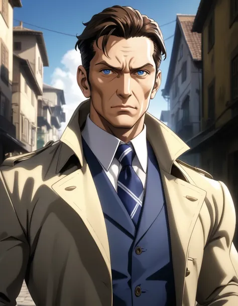 highest quality, 1man, veteran mature detective, muscular mature, big nose, wavy slicked back spiked hair, yellow brown hair, shihaku, brown eyes, stubble, dandy, virile, square shaped, large eyes, ugly, rough skin, facial wrinkles, ideal ratio body propor...