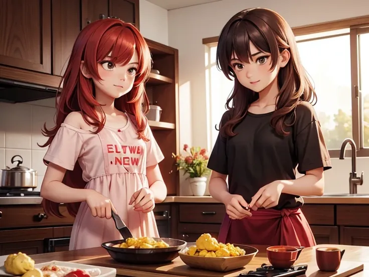 2 characters, an effeminate brown-eyed brown-haired boy with semi-long hair in a girly t-shirt and maxi skirt and a red-haired g...