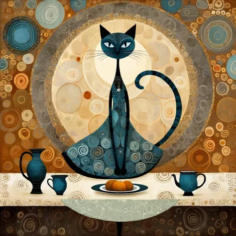 in the style of Andy Kehoe and Tracy Grimwood. Stylized figure. Female cat, with female body. slender, beautiful, very long neck, large gray-blue eyes, long eyelashes, dress with wide neckline. she is sitting at a dining table, with an empty plate in front...