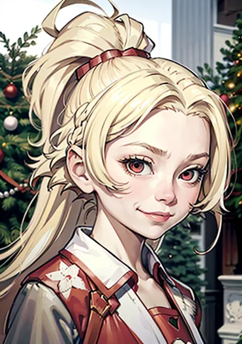 18 year old girl, wearing santa costumes、blonde ponytail、ahoge、big round red eyes、a slight smil、laugh、、realistic painting in eve...