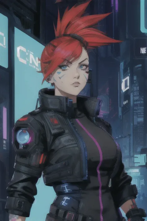 yber mark, facial mark, A blue cyberpunk style, red headed, attractive ginger Mohawk female, cyberpunk