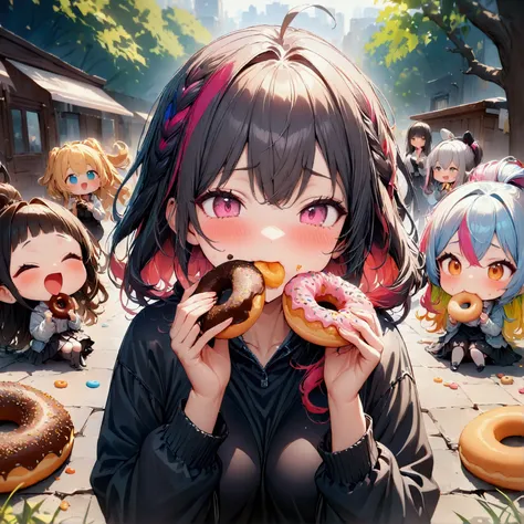 multiple girls, group picture, lineup, 3girls, girls eating donuts, colorful hair, various hairstyles, chibi, (masterpiece:1.2),...