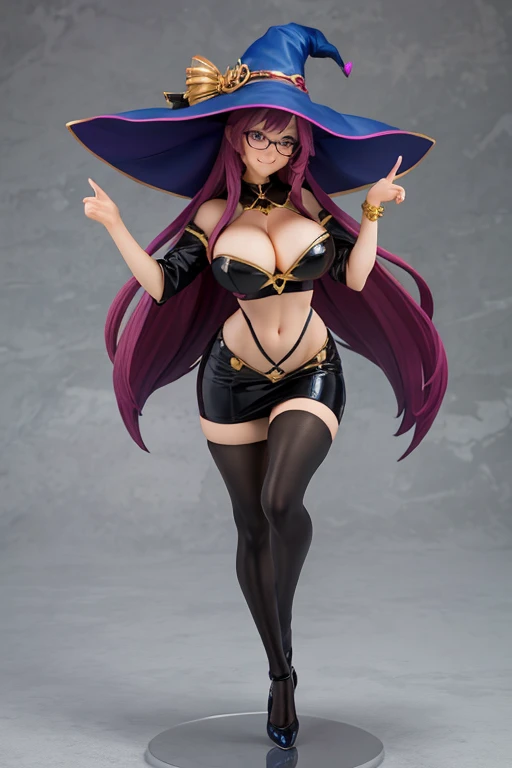 figure of witch, dancing, big breasts, sexy pose, glasses, hat witch, smile