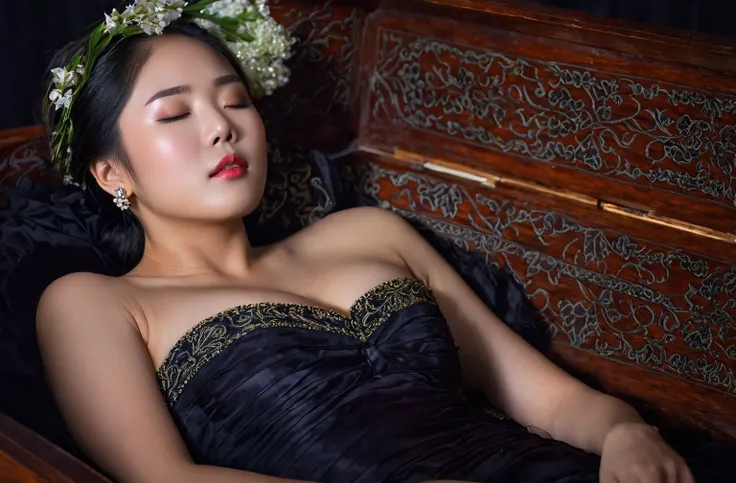 In a striking 8K HDR scene, a stunning Korean woman, 22 years old, lies peacefully in a black coffin surrounded by plush pillows. The deep box is set against a rich black background, accentuating the beauty of the subject. Her exquisite deep-V neckline keb...